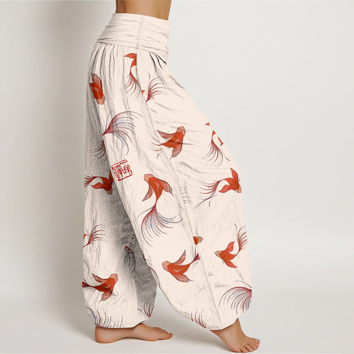Pantalones harén de algodón puro con estampado de Buddha Stones y estampado de peces koi para mujer, cintura elástica - image 1