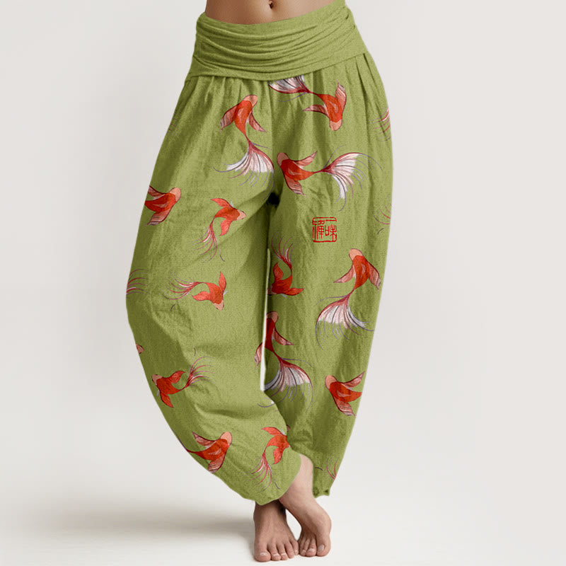 Pantalones harén de algodón puro con estampado de Buddha Stones y estampado de peces koi para mujer, cintura elástica - AmarilloVerde - US16，UK/AU20，EU48 (3XL) - image 5