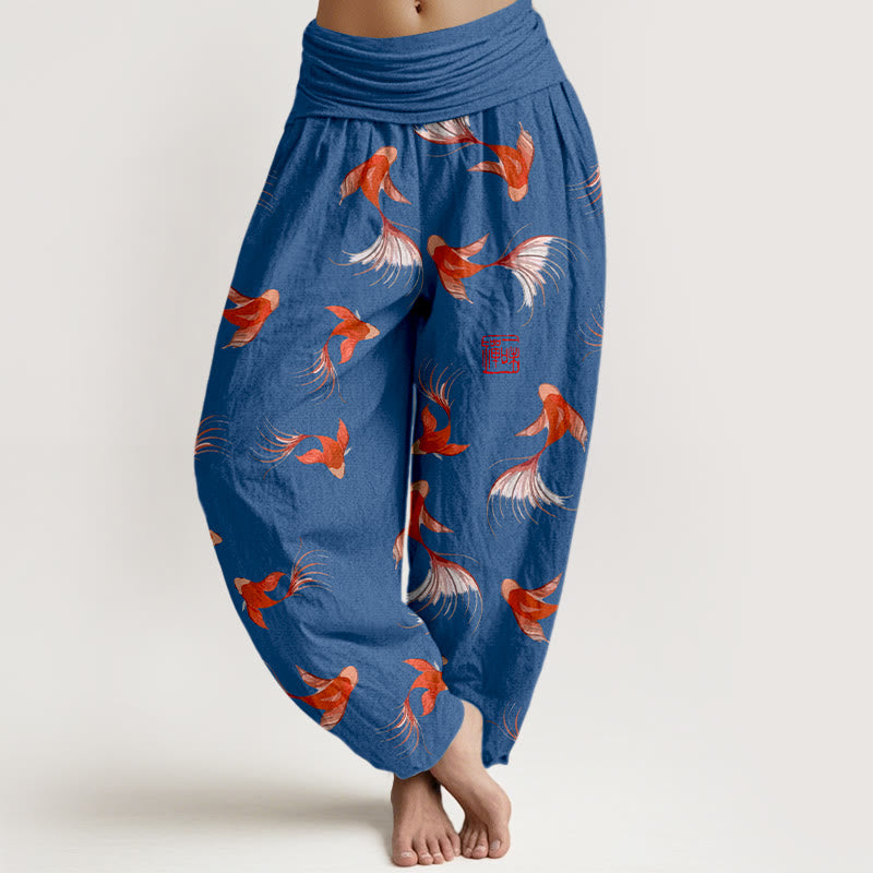 Pantalones harén de algodón puro con estampado de Buddha Stones y estampado de peces koi para mujer, cintura elástica - Azul oscuro - US16，UK/AU20，EU48 (3XL) - image 8
