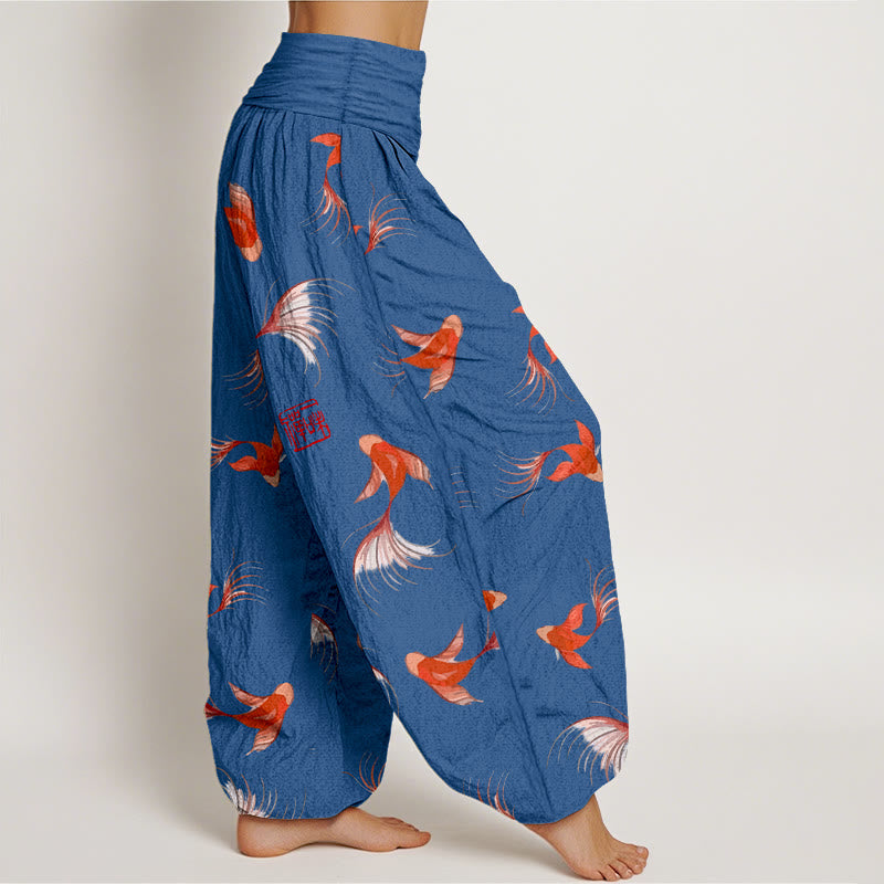 Pantalones harén de algodón puro con estampado de Buddha Stones y estampado de peces koi para mujer, cintura elástica - image 9