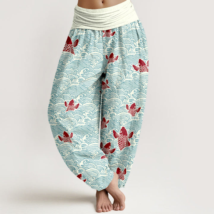 Pantalones harén de algodón puro con cintura elástica para mujer, estampado de Buddha Stones y peces koi y ondas - Cian claro - US16，UK/AU20，EU48 (3XL) - image 0