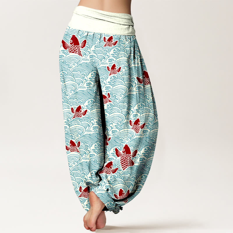 Pantalones harén de algodón puro con cintura elástica para mujer, estampado de Buddha Stones y peces koi y ondas - image 2