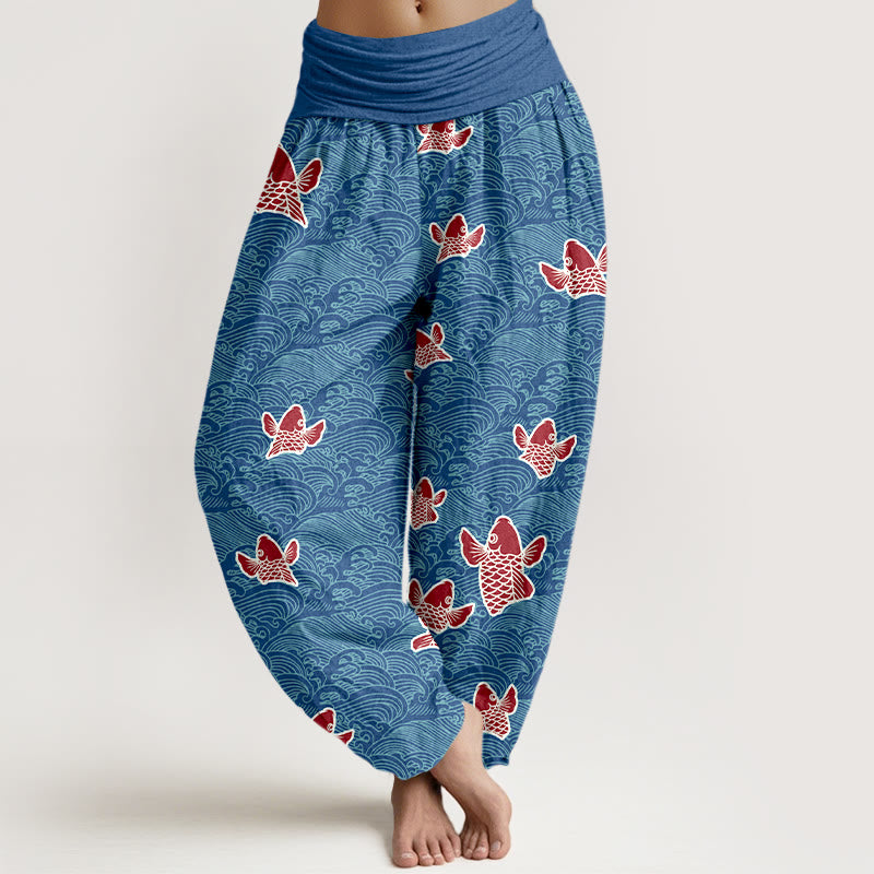 Pantalones harén de algodón puro con cintura elástica para mujer, estampado de Buddha Stones y peces koi y ondas - Azul real - US16，UK/AU20，EU48 (3XL) - image 5