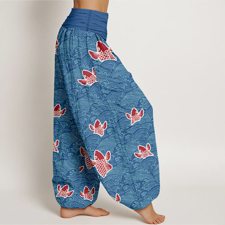 Pantalones harén de algodón puro con cintura elástica para mujer, estampado de Buddha Stones y peces koi y ondas - image 6