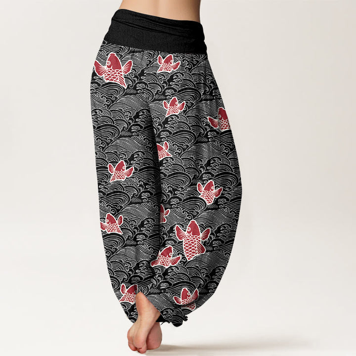Pantalones harén de algodón puro con cintura elástica para mujer, estampado de Buddha Stones y peces koi y ondas - image 10