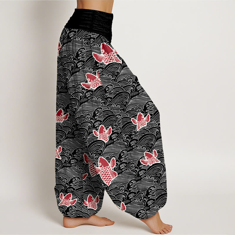 Pantalones harén de algodón puro con cintura elástica para mujer, estampado de Buddha Stones y peces koi y ondas - image 9