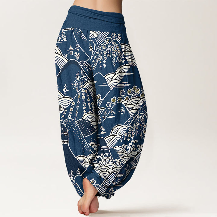 Pantalones harén de algodón puro con cintura elástica para mujer, estampado floral, con Buddha Stones y olas de montañas - image 2