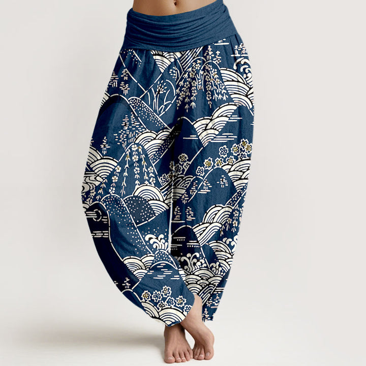 Pantalones harén de algodón puro con cintura elástica para mujer, estampado floral, con Buddha Stones y olas de montañas - Azul medianoche - US16，UK/AU20，EU48 (3XL) - image 0