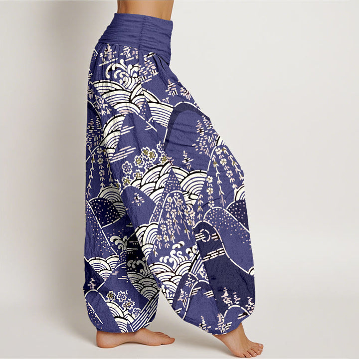 Pantalones harén de algodón puro con cintura elástica para mujer, estampado floral, con Buddha Stones y olas de montañas - image 6