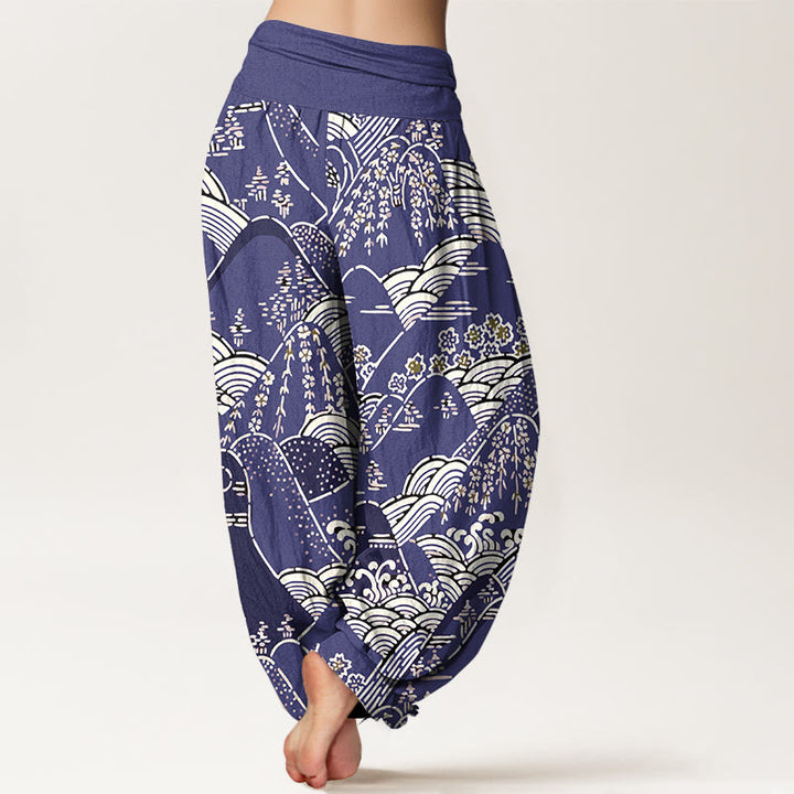 Pantalones harén de algodón puro con cintura elástica para mujer, estampado floral, con Buddha Stones y olas de montañas - image 7