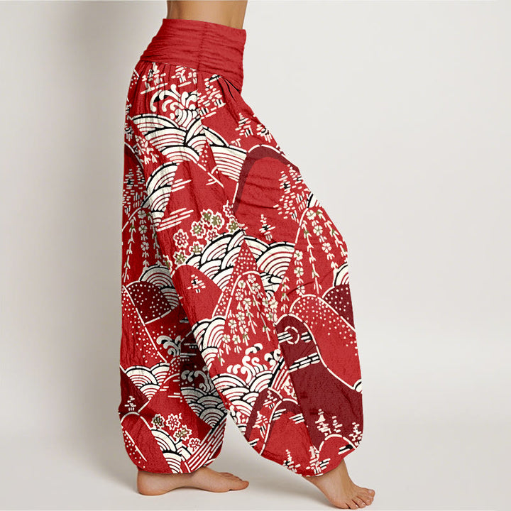 Pantalones harén de algodón puro con cintura elástica para mujer, estampado floral, con Buddha Stones y olas de montañas - image 9