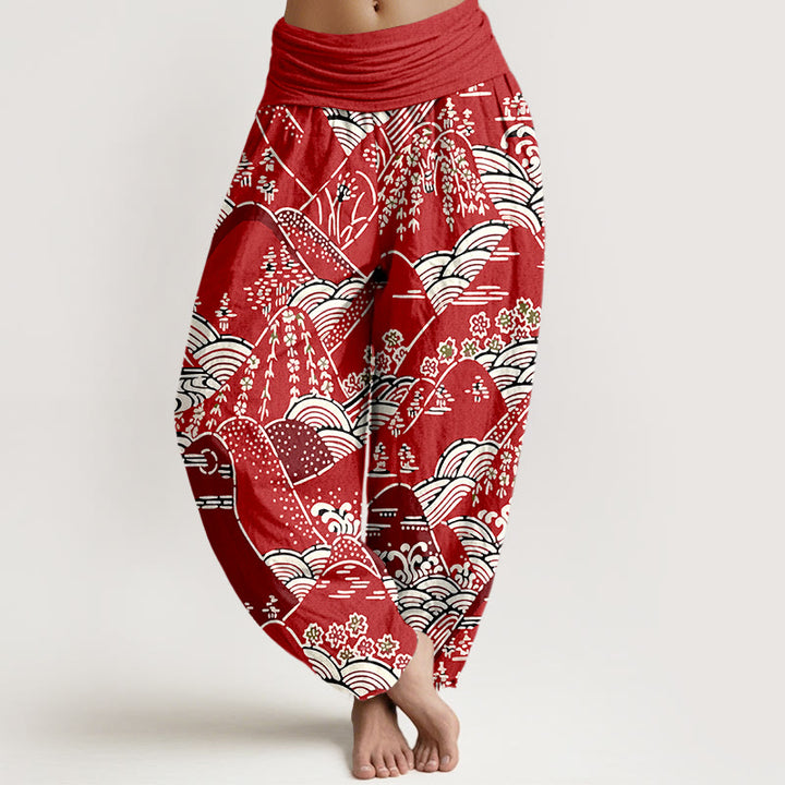 Pantalones harén de algodón puro con cintura elástica para mujer, estampado floral, con Buddha Stones y olas de montañas - Carmesí - US16，UK/AU20，EU48 (3XL) - image 8