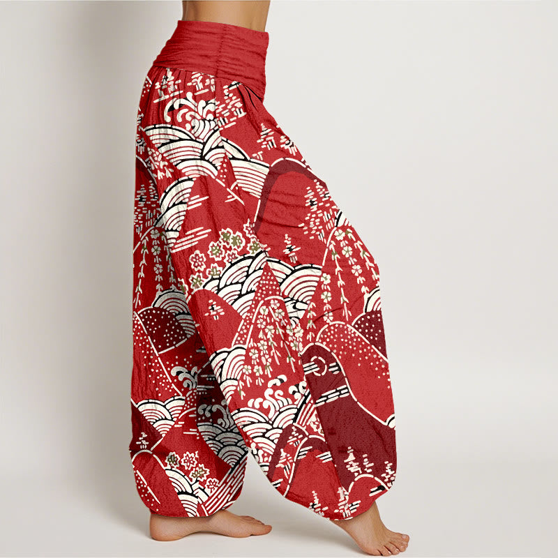 Pantalones harén de algodón puro con cintura elástica para mujer, estampado floral, con Buddha Stones y olas de montañas - image 9