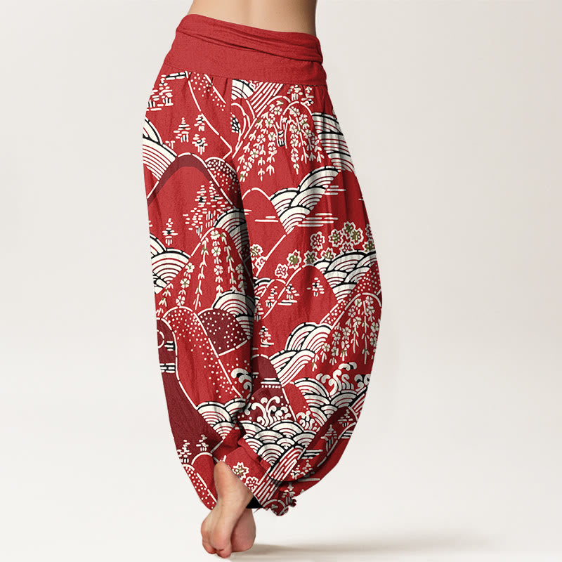 Pantalones harén de algodón puro con cintura elástica para mujer, estampado floral, con Buddha Stones y olas de montañas - image 10