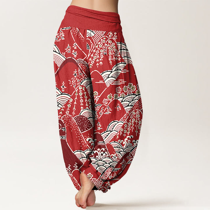 Pantalones harén de algodón puro con cintura elástica para mujer, estampado floral, con Buddha Stones y olas de montañas - image 10
