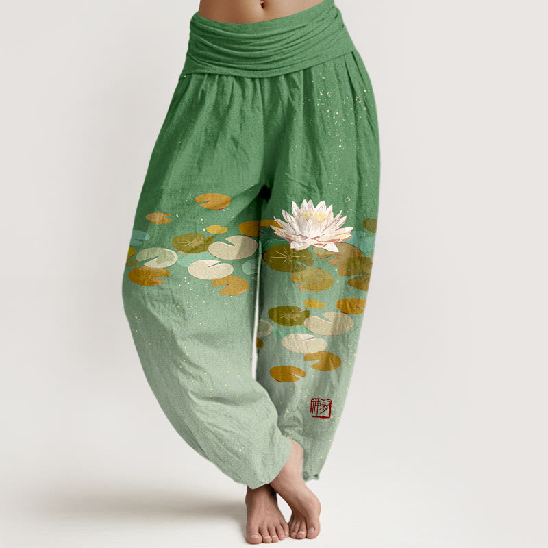 Pantalones harén de algodón puro con cintura elástica para mujer, estampados de Buddha Stones - Verde mar medio - US16，UK/AU20，EU48 (3XL) - image 0