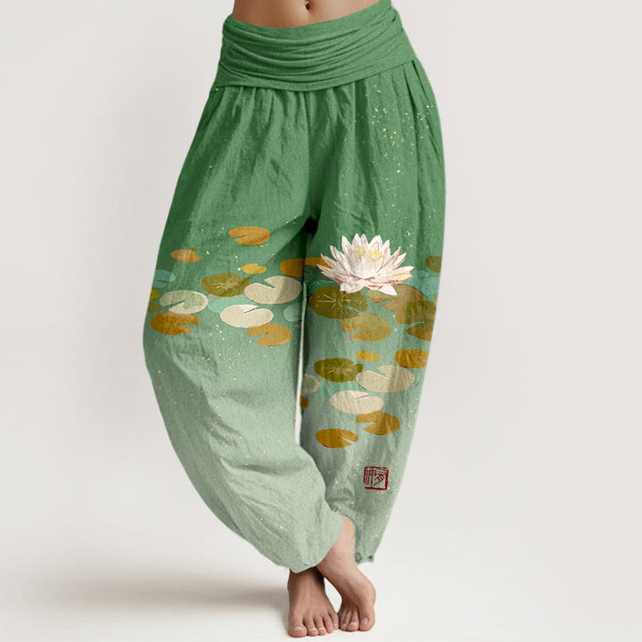 Pantalones harén de algodón puro con cintura elástica para mujer, estampados de Buddha Stones - Verde mar medio - US16，UK/AU20，EU48 (3XL) - image 0