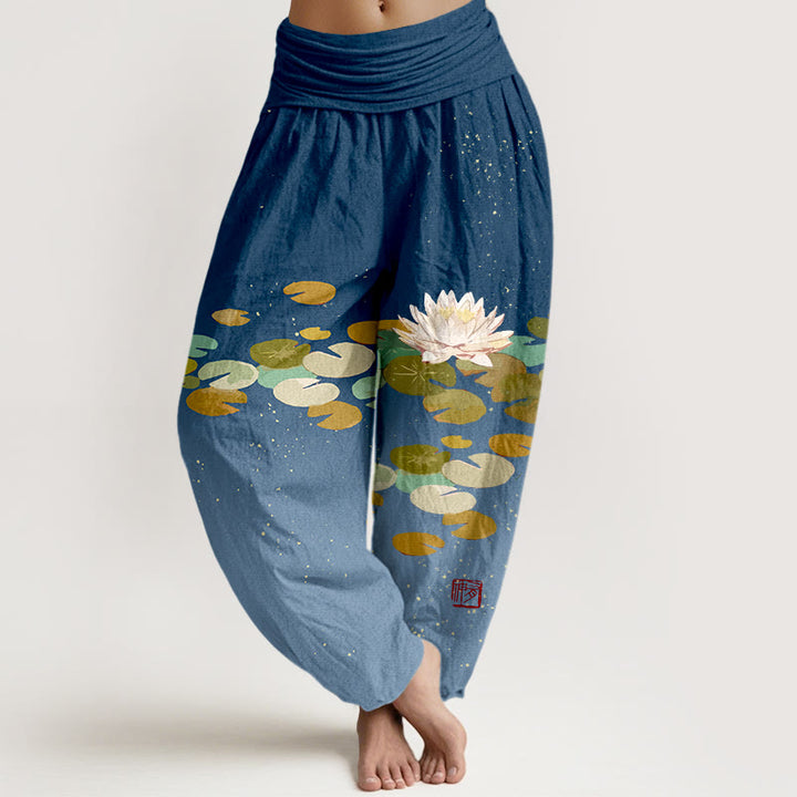 Pantalones harén de algodón puro con cintura elástica para mujer, estampados de Buddha Stones - Azul oscuro - US16，UK/AU20，EU48 (3XL) - image 8