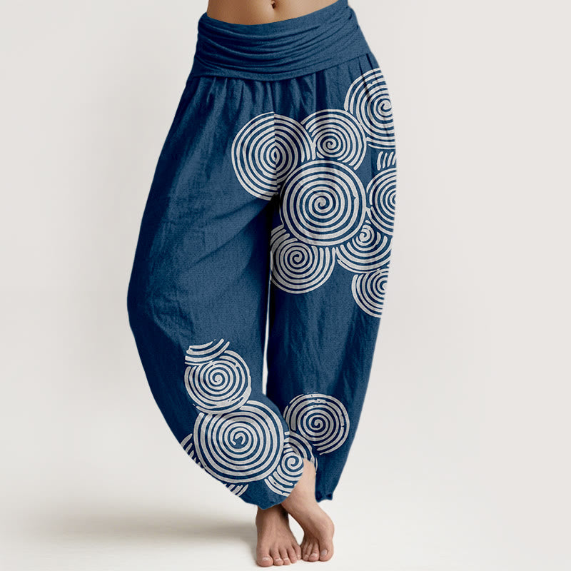 Pantalones harén de algodón puro con cintura elástica para mujer, estampados en espiral blanco y Buddha Stones - Azul acero - US16，UK/AU20，EU48 (3XL) - image 0