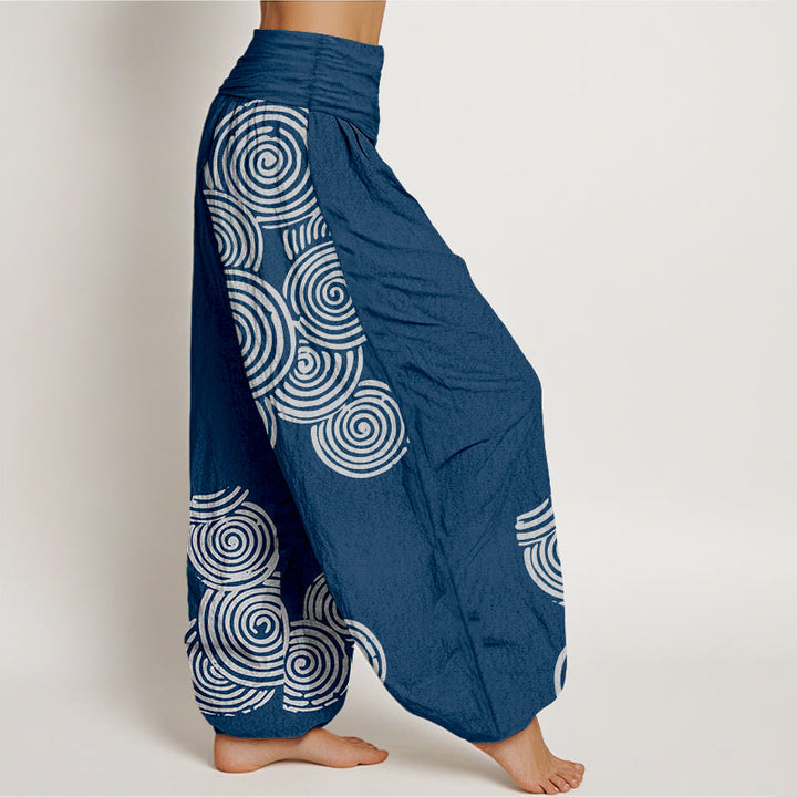 Pantalones harén de algodón puro con cintura elástica para mujer, estampados en espiral blanco y Buddha Stones - image 1
