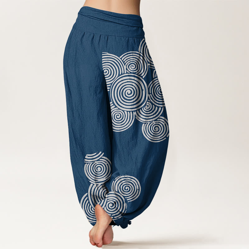 Pantalones harén de algodón puro con cintura elástica para mujer, estampados en espiral blanco y Buddha Stones - image 2