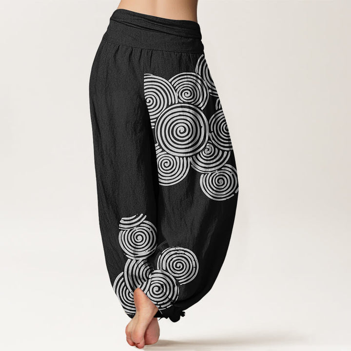 Pantalones harén de algodón puro con cintura elástica para mujer, estampados en espiral blanco y Buddha Stones - image 7