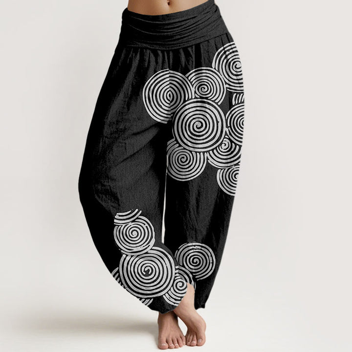 Pantalones harén de algodón puro con cintura elástica para mujer, estampados en espiral blanco y Buddha Stones - Negro - US16，UK/AU20，EU48 (3XL) - image 5