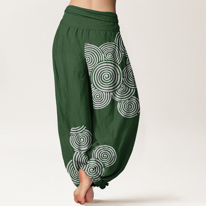 Pantalones harén de algodón puro con cintura elástica para mujer, estampados en espiral blanco y Buddha Stones - image 10