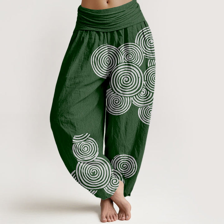 Pantalones harén de algodón puro con cintura elástica para mujer, estampados en espiral blanco y Buddha Stones - Verde oscuro - US16，UK/AU20，EU48 (3XL) - image 8