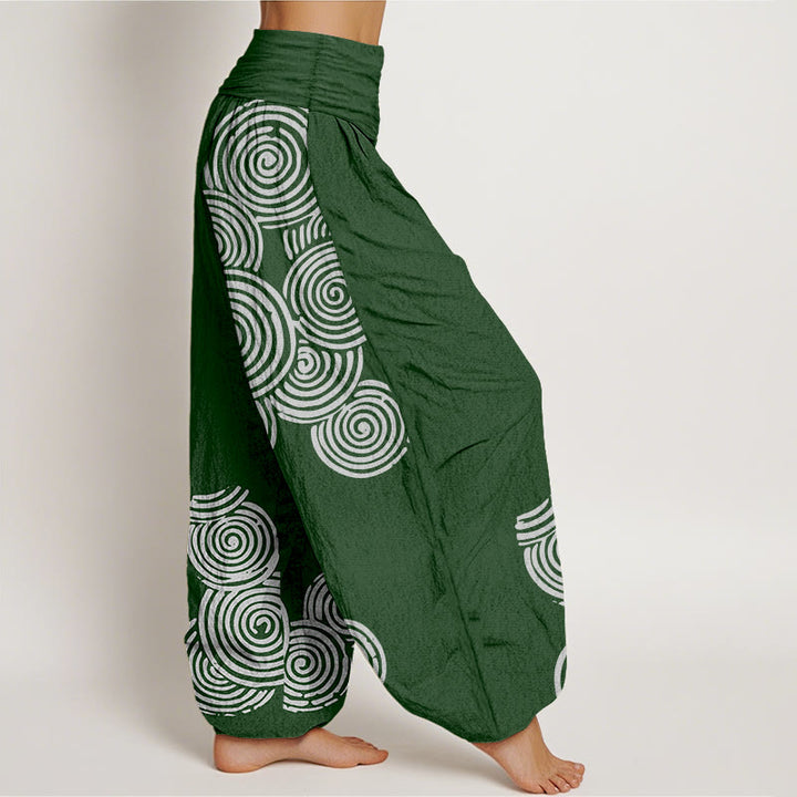 Pantalones harén de algodón puro con cintura elástica para mujer, estampados en espiral blanco y Buddha Stones - image 9