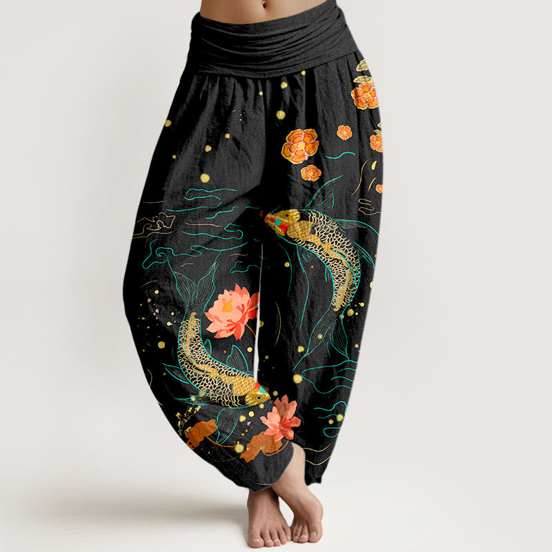 Pantalones harén de algodón puro con estampado de loto y pez koi con Buddha Stones para mujer, cintura elástica - Negro - US16，UK/AU20，EU48 (3XL) - image 0