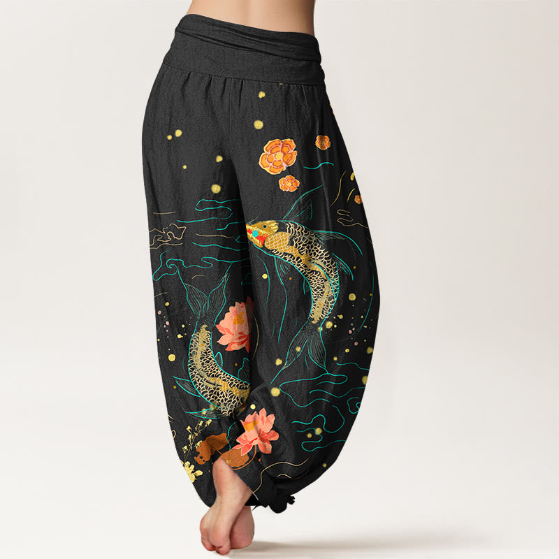 Pantalones harén de algodón puro con estampado de loto y pez koi con Buddha Stones para mujer, cintura elástica - image 2