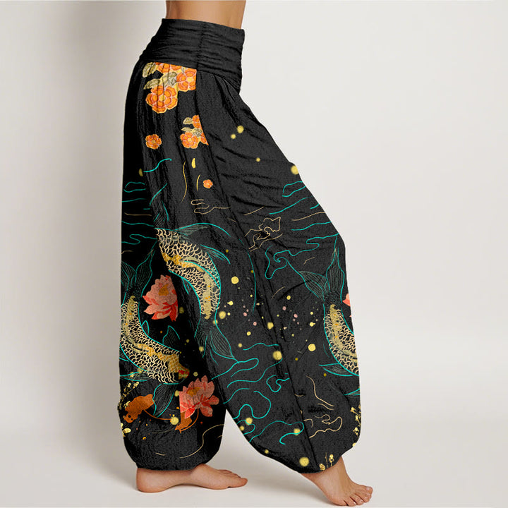 Pantalones harén de algodón puro con estampado de loto y pez koi con Buddha Stones para mujer, cintura elástica - image 1