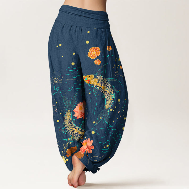 Pantalones harén de algodón puro con estampado de loto y pez koi con Buddha Stones para mujer, cintura elástica - image 7
