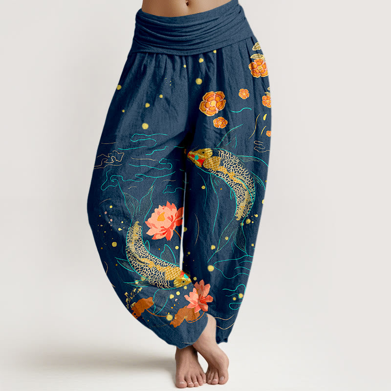 Pantalones harén de algodón puro con estampado de loto y pez koi con Buddha Stones para mujer, cintura elástica - Azul oscuro - US16，UK/AU20，EU48 (3XL) - image 5