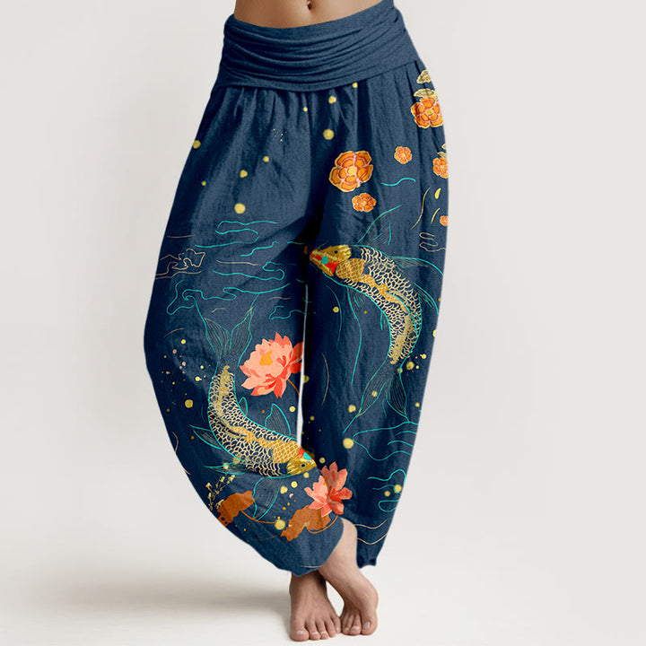 Pantalones harén de algodón puro con estampado de loto y pez koi con Buddha Stones para mujer, cintura elástica - Azul oscuro - US16，UK/AU20，EU48 (3XL) - image 5