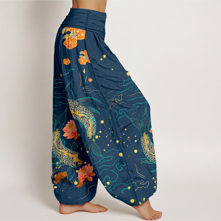 Pantalones harén de algodón puro con estampado de loto y pez koi con Buddha Stones para mujer, cintura elástica - image 6