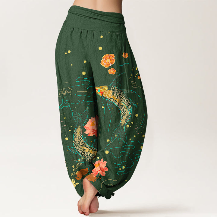 Pantalones harén de algodón puro con estampado de loto y pez koi con Buddha Stones para mujer, cintura elástica - image 10