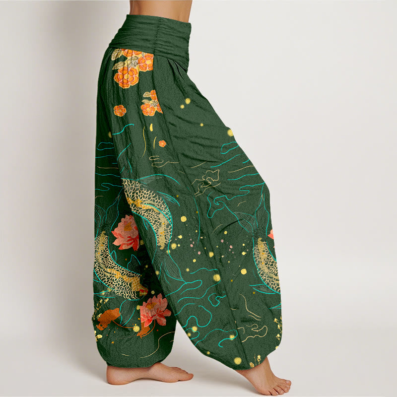 Pantalones harén de algodón puro con estampado de loto y pez koi con Buddha Stones para mujer, cintura elástica - image 9