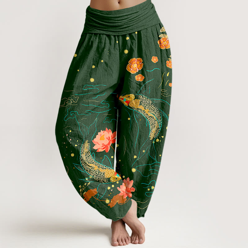 Pantalones harén de algodón puro con estampado de loto y pez koi con Buddha Stones para mujer, cintura elástica - Verde oscuro - US16，UK/AU20，EU48 (3XL) - image 8