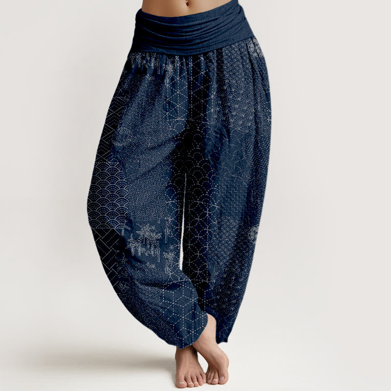 Pantalones harén de algodón puro con estampado geométrico de Buddha Stones para mujer, cintura elástica - Azul medianoche - US16，UK/AU20，EU48 (3XL) - image 0