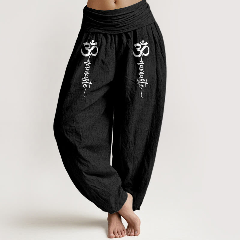 Buddha Stones Pantalones harén de algodón puro con cintura elástica para mujer con estampado Namaste Om - Negro - US16，UK/AU20，EU48 (3XL) - image 5