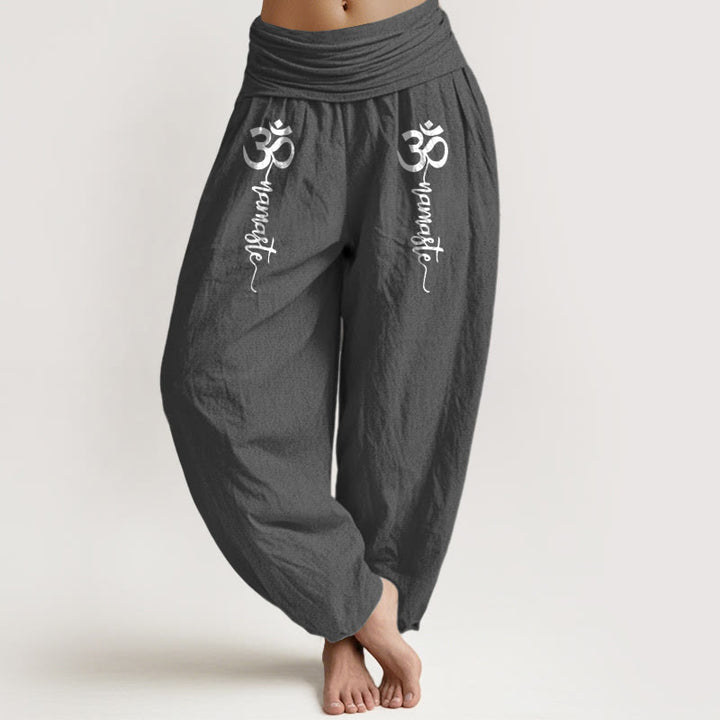 Buddha Stones Pantalones harén de algodón puro con cintura elástica para mujer con estampado Namaste Om - Gris oscuro - US16，UK/AU20，EU48 (3XL) - image 8