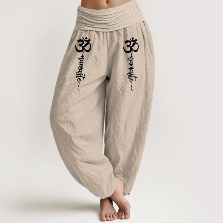 Buddha Stones Pantalones harén de algodón puro con cintura elástica para mujer con estampado Namaste Om - Beige - US16，UK/AU20，EU48 (3XL) - image 14