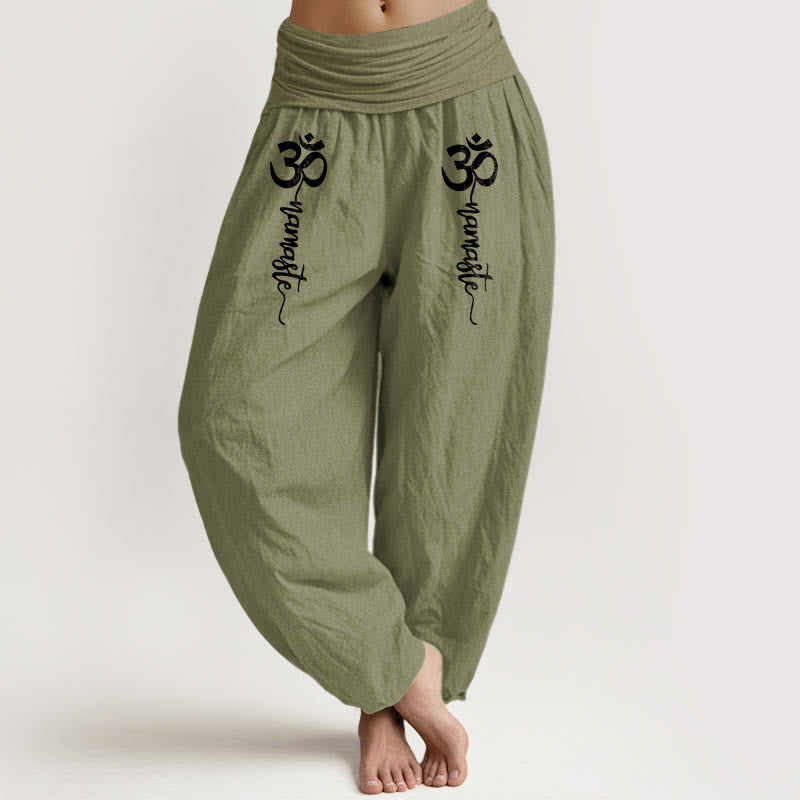 Buddha Stones Pantalones harén de algodón puro con cintura elástica para mujer con estampado Namaste Om - Verde oliva - US16，UK/AU20，EU48 (3XL) - image 11