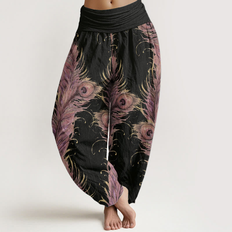 Pantalones Buddha Stones de algodón puro con estampado de fénix brillante para mujer, cintura elástica - Negro - US22，UK/AU26，EU54 (6XL) - image 0