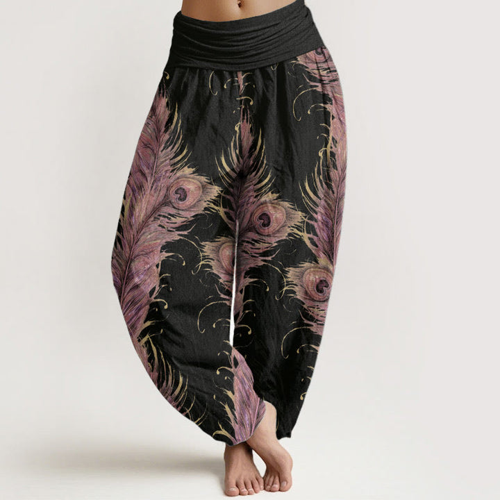 Pantalones Buddha Stones de algodón puro con estampado de fénix brillante para mujer, cintura elástica - Negro - US22，UK/AU26，EU54 (6XL) - image 0