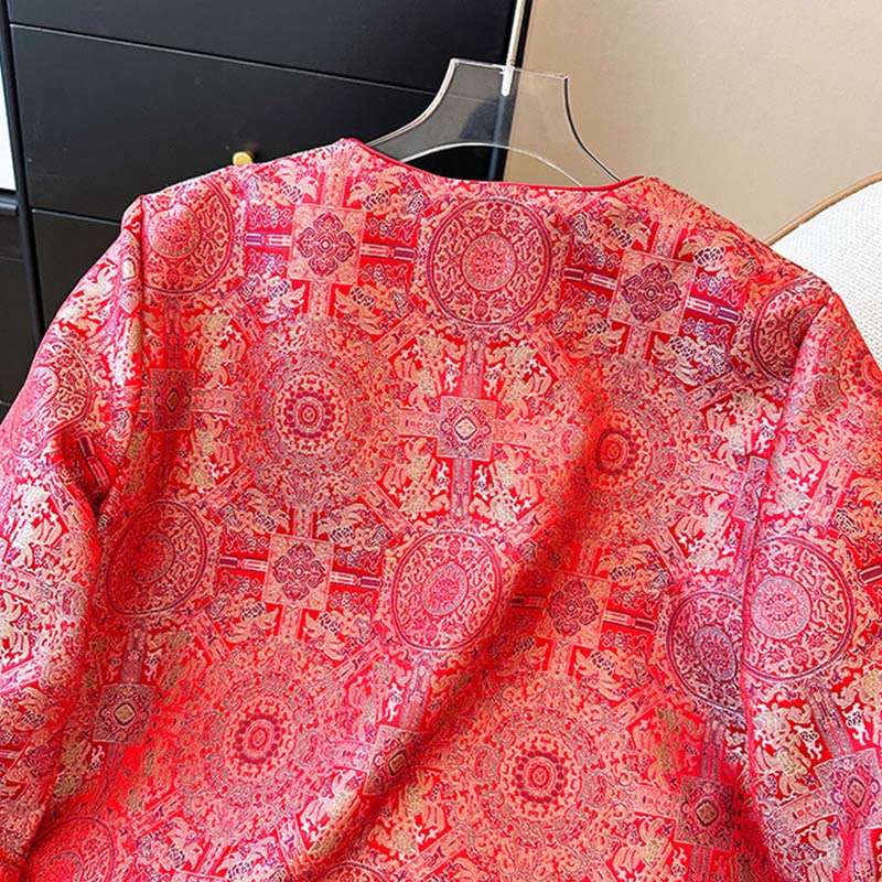 Chaqueta de manga larga con estampado floral simétrico de jacquard y bolsillos para mujer de Buddha Stones - image 4
