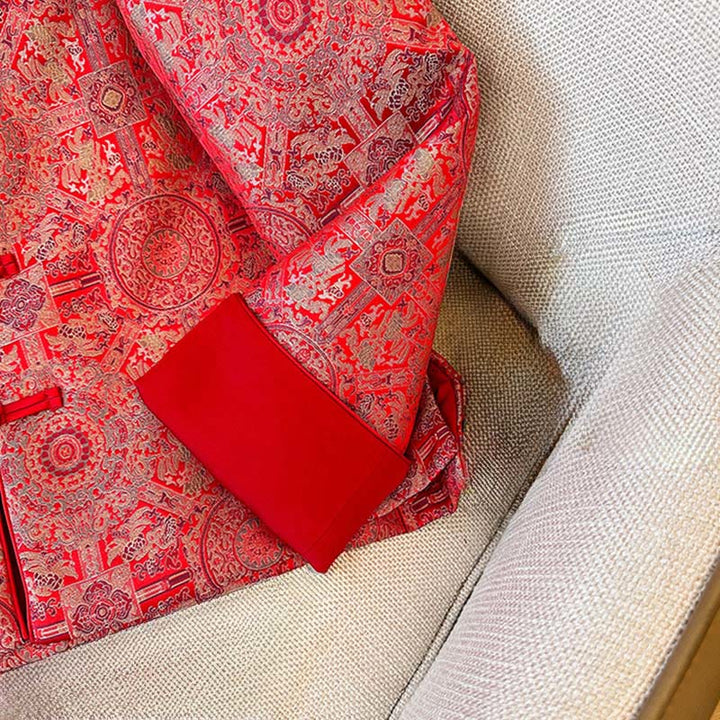 Chaqueta de algodón de manga larga con estampado floral simétrico de jacquard y bolsillos para mujer de Buddha Stones - image 10