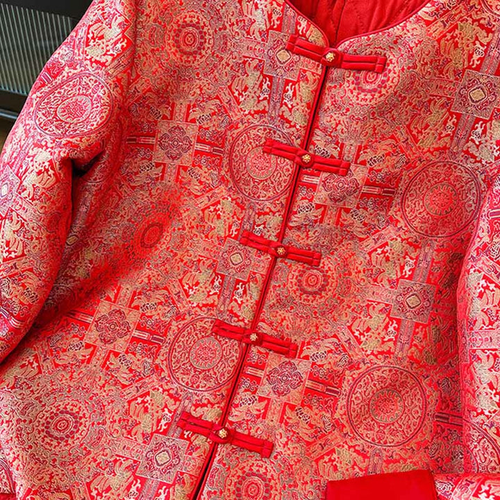 Chaqueta de manga larga con estampado floral simétrico de jacquard y bolsillos para mujer de Buddha Stones - image 7